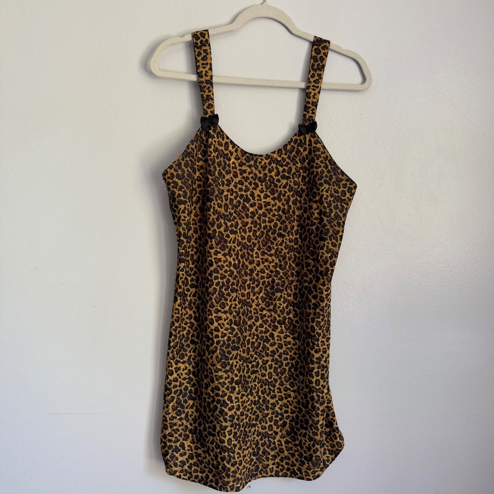 Vintage Leopard Print Satin Slip Dress Animal Pattern Bow Straps Mobwife M - Picture 1 of 5